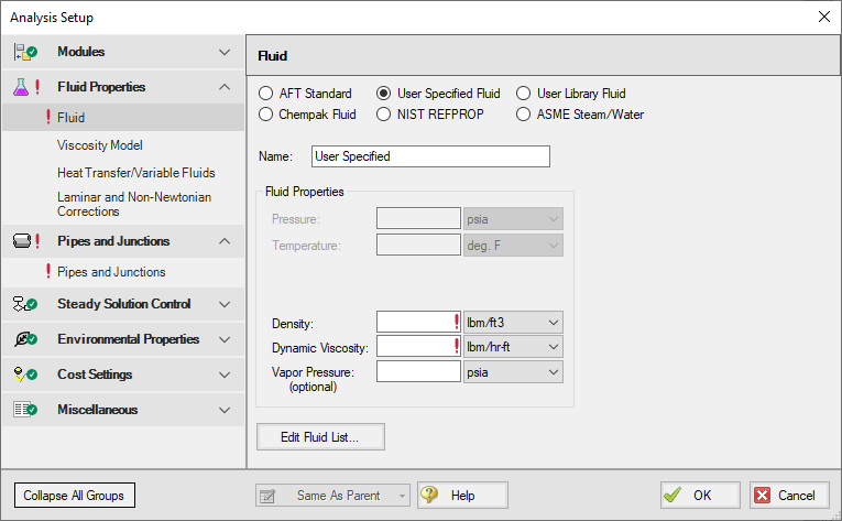 The Modules panel of the Analysis Setup window.